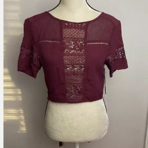 3-9 Kendall and Kylie crop top XS NWT burgundy Semi sheer Boho Open back